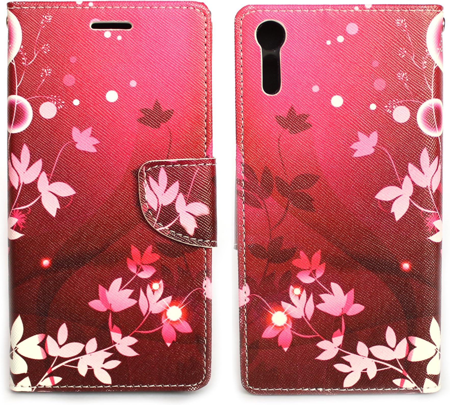 Sharp Icon Fancy Printed Designer Leather Flip Wallet Back Cover Case for Sony Xperia XZS - Red Flower