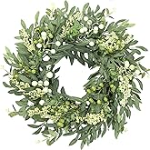 Sggvecsy Artificial Eucalyptus Wreath for Front Door 21 Inch with Greenery Leaves Green White Berries Silk Dollar Leaves for Spring Summer Farmhouse Window Porch Wall Home Indoor Outdoor Decor