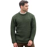 Aran Crafts Irish Men's Plain Knit Curl Neck Wool Sweater (CR5142) | 100% Pure New Wool, Crew Neck, Curled Hem &amp; Cuffs, Traditional Long Sleeve Pullover, Authentic Made In Ireland