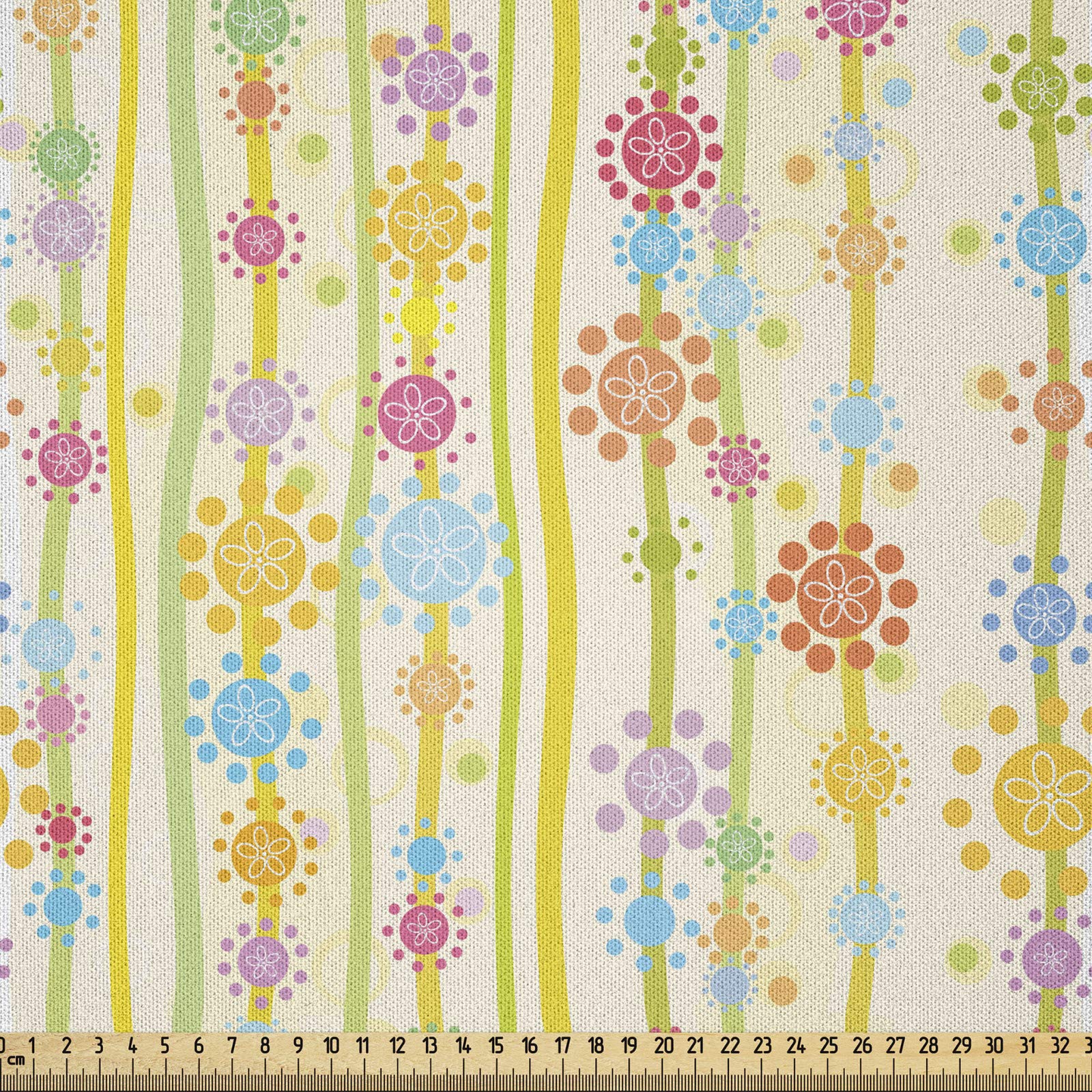 ABAKUHAUS Floral Fabric by the Yard, Vertical Lines with Colorful Cartoon Style Flowers and Dots Kids Girls Fun Children, Microfiber Fabric for Arts and Crafts Textiles Decor, 1M, Multicolor