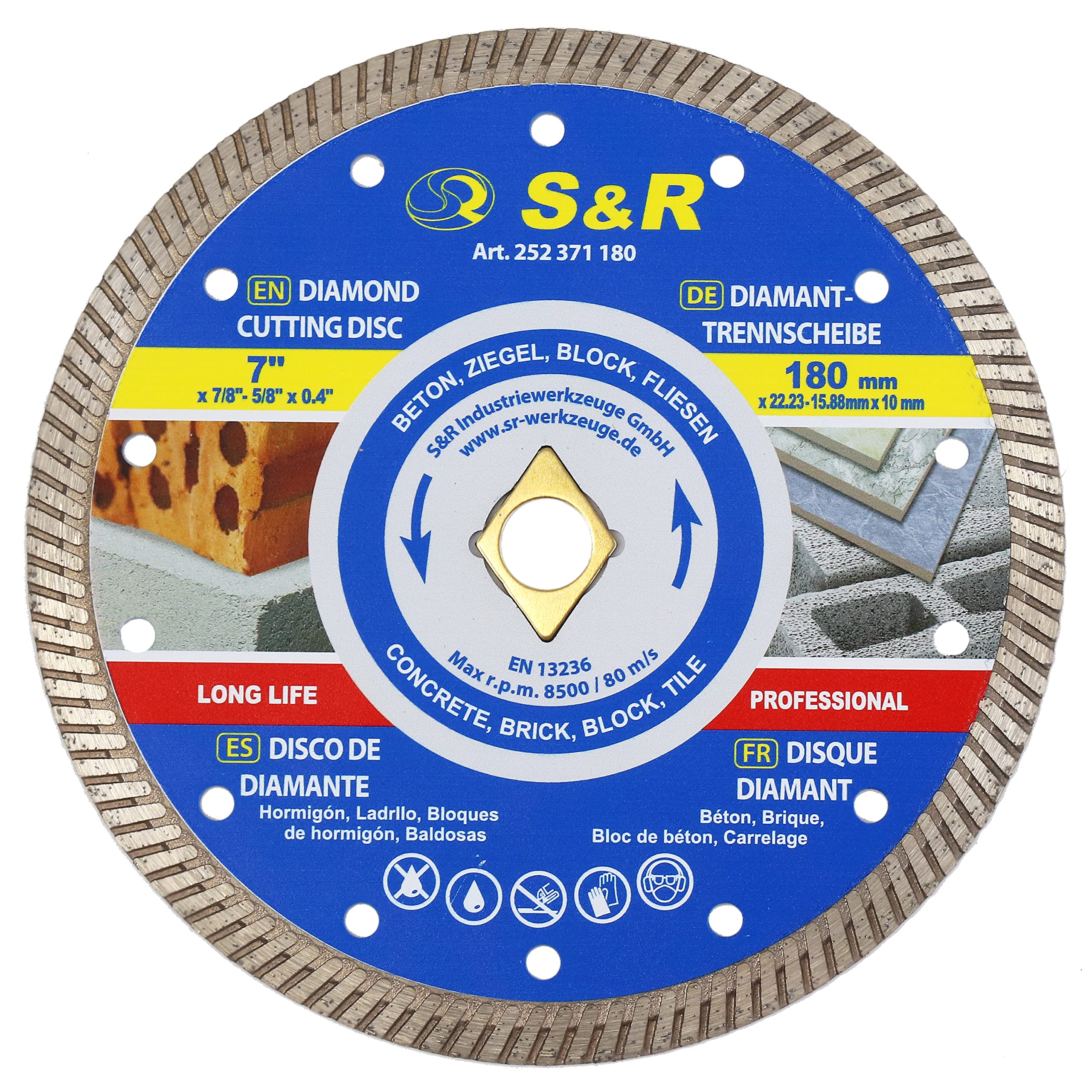 S&R Turbo Diamond Cutting Disc 180 mm / 7 Inch (180 x 10 x 22.2 / 15.88 mm) with Rhombus Hole and Reducer for Concrete, Brick, Masonry, Tiles
