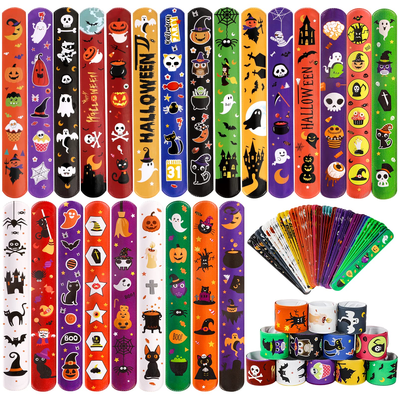MGparty 72PCS Halloween Slap Bracelets 24 Halloween Theme Designs Spider Pumpkin Ghost Zombie Bat Witches Snap Bracelet for Kids Party Favors Toys Prizes Pinata Goodie Bags Fillers