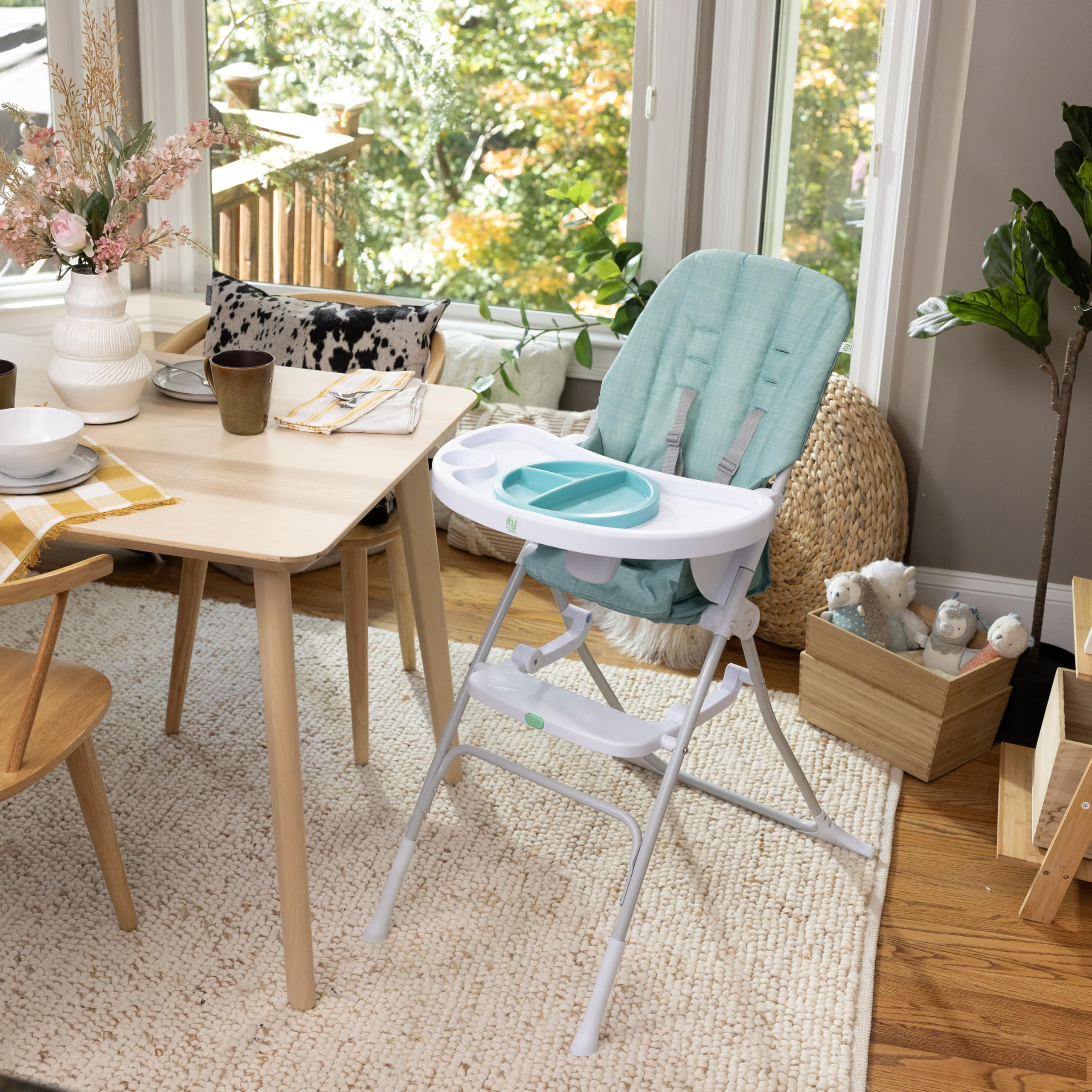 Ingenuity Sun Valley Compact Folding Baby High Chair, Food-Grade Safe Plate, 5-Point Harness, for Ages 6 Months and Up, Unisex - Teal