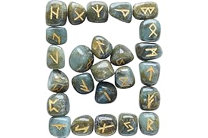 Crocon Labradorite Gemstone Elder Futhark Alphabet Engraved Symbol Rune Stones 25 pcs Set for Feng Shui Chakra Balancing Reiki Crystal Healing Spiritual Decor Size: 25-30 mm