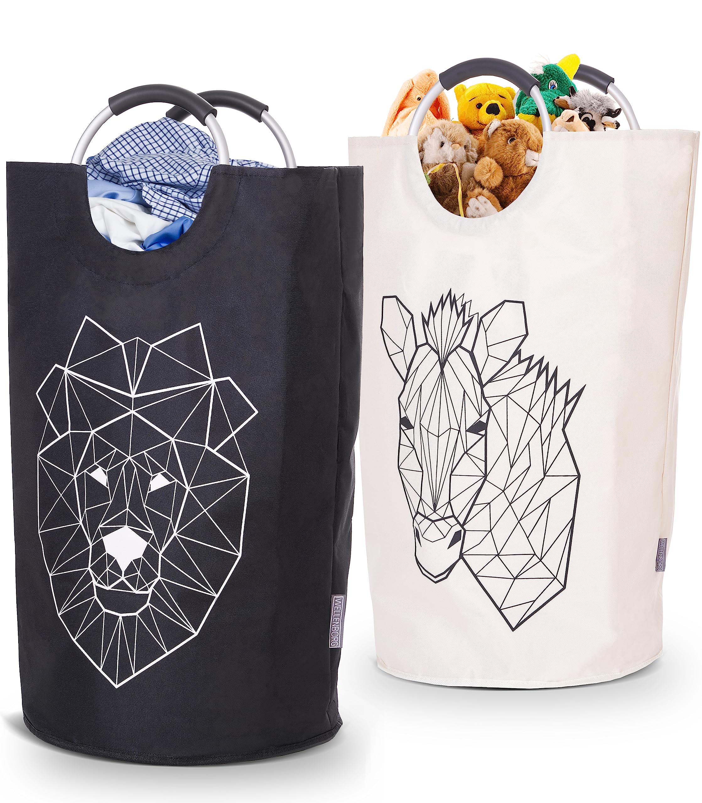 WELLENBORG Set of 2 Premium Foldable Laundry Basket 82L Large Collapsible Laundry Bin Bag Double Layer Fabric Reinforced Base Laundry Hamper Waterproof Dirty Clothes Basket (Black & Beige)