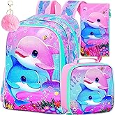 KLFVB 3PCS Dolphin Backpack, Water Resistant Kids Bookbag with Lunch Box for Girls, 16" Preschool Backpacks for Elementary - Dolphin Pink