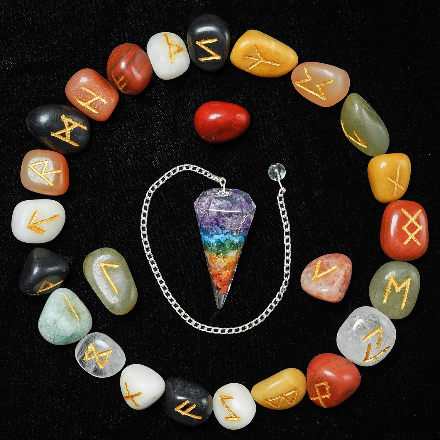 Indoor Fountains & Accessories - Crocon Mix Chakra Gemstone Engraved Rune Stones Set (25 Pcs) with Elder Futhark Alphabets & 1 Seven Chakra Pendulum 950+ Carats Meditation Witch Craft Healing Set | Size: 15-20 mm