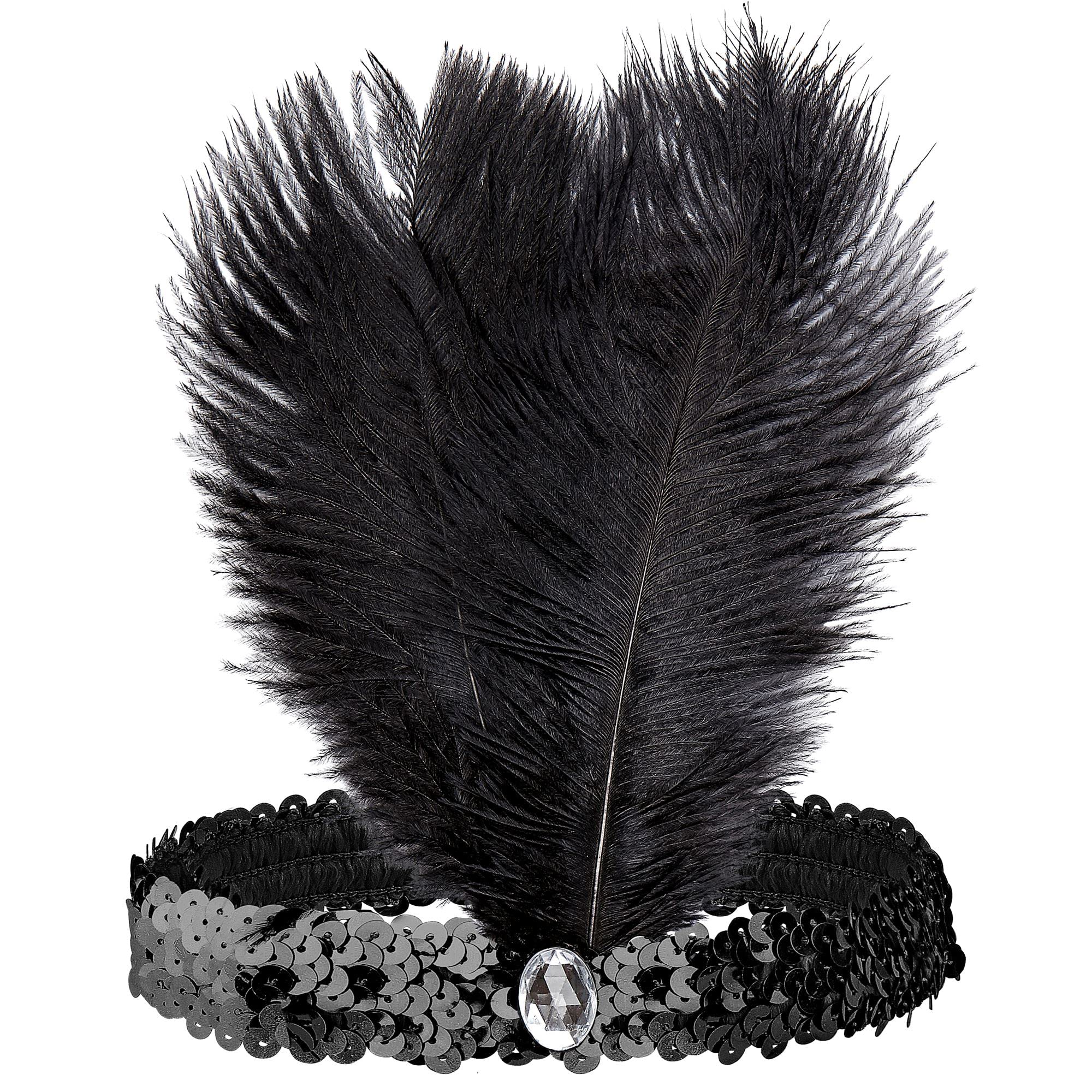 Black Sequin Headbands with2 Feathers And Gem Accessory for Fancy Dress