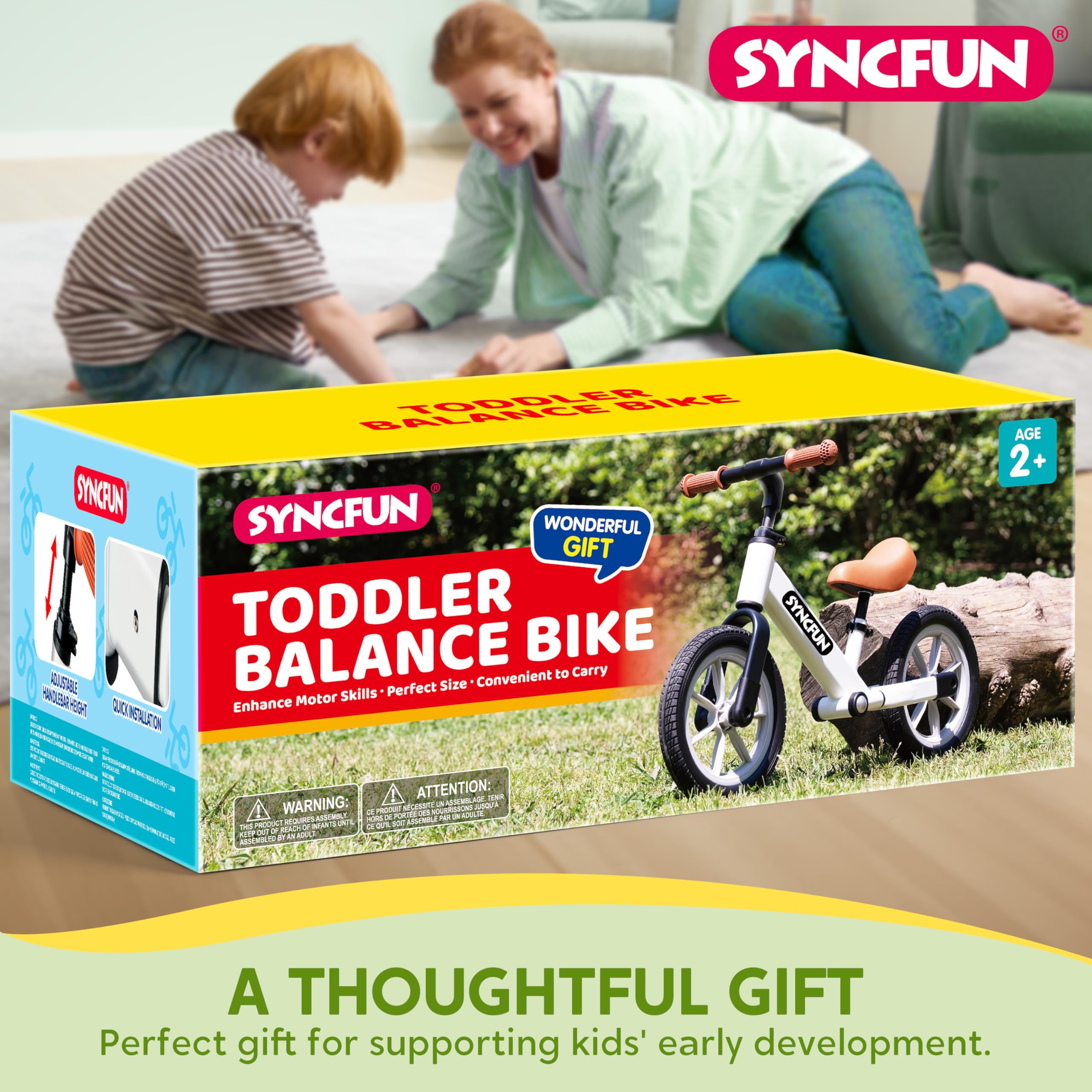 SYNCFUN 12'' Toddler Balance Bike for 2, 3, 4, 5 Year Old Kids, Lightweight Bike with Adjustable Seat and Rubber Tires for Children, Balancing Toy for 2-5 Girls and Boys Birthday Gift (White)