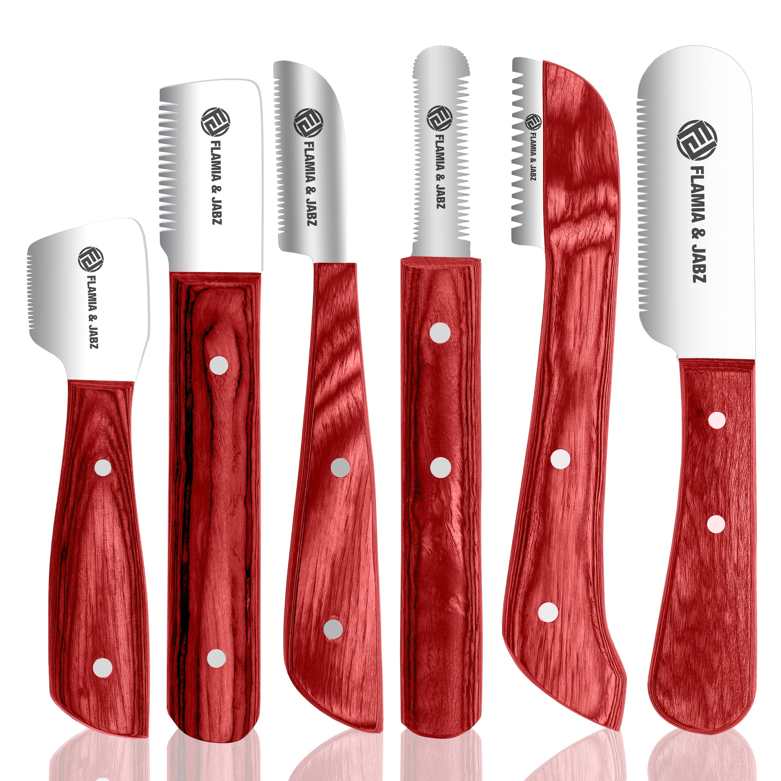 FLAMIA & JABZ Professional Stripping Knife kit (6 Pieces Set) for Dogs & Pets, Wooden Handle Grip with Stainless Steel Comb (Right Handed) (Coral Red)