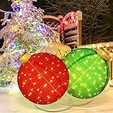 Rossesay 2 Pcs Lighted Pop up Outdoor Christmas Ornaments 24 Inch Large 3D Pre Lit Christmas Balls Red Green Light up Collapsible Balls with 100 LED Lights for Xmas Holiday Yard Lawn Garden