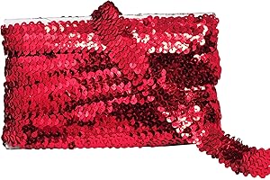 Mandala Crafts Elastic Sequin Ribbon Trim - 1 Inch Red Sequin Elastic Trim for Sewing Dress Headband - 10 Yards Fabric Metallic Stretch Sequins Band