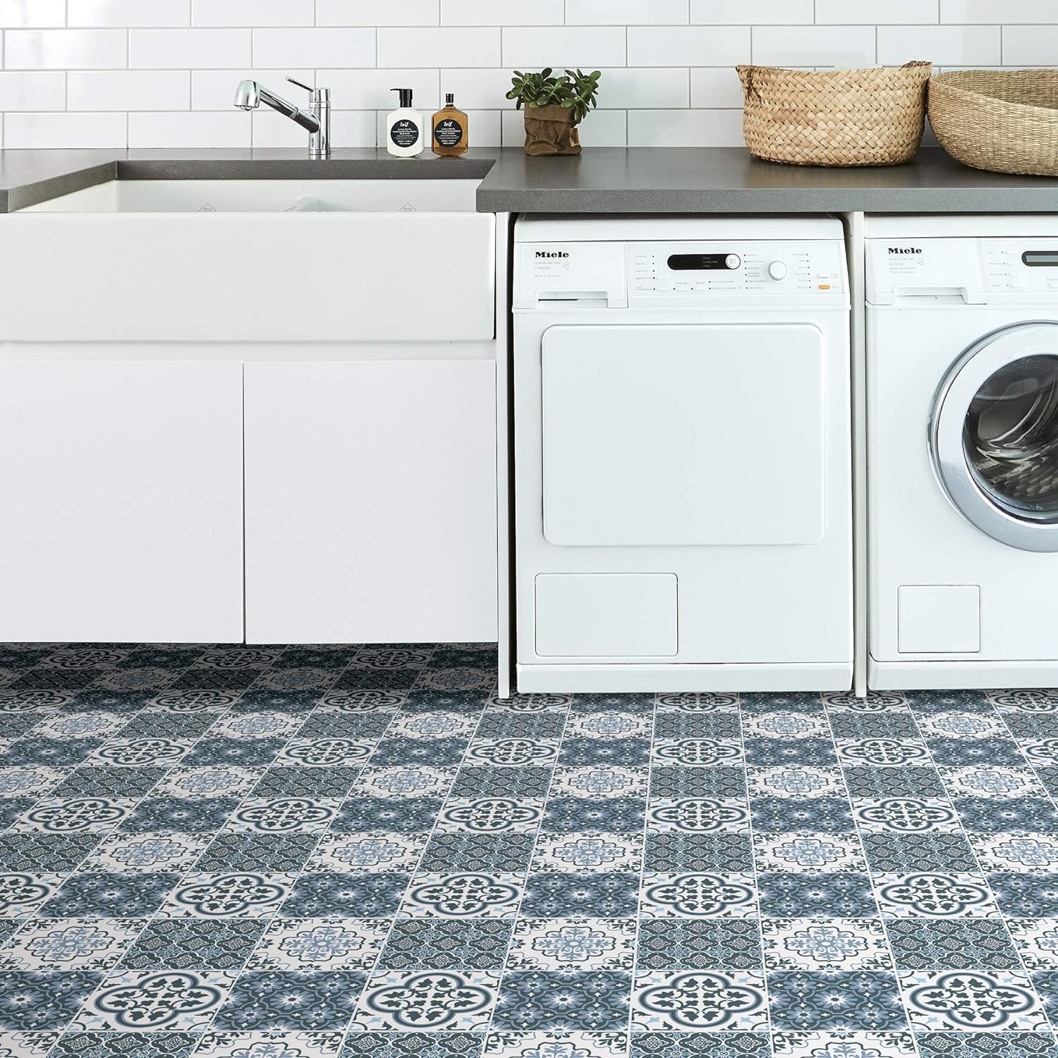 WallPops FP2951 Leyton Peel & Stick Floor Tiles, Blue, 12 x 12 inches, Patchwork Slate and Grey - Image 3