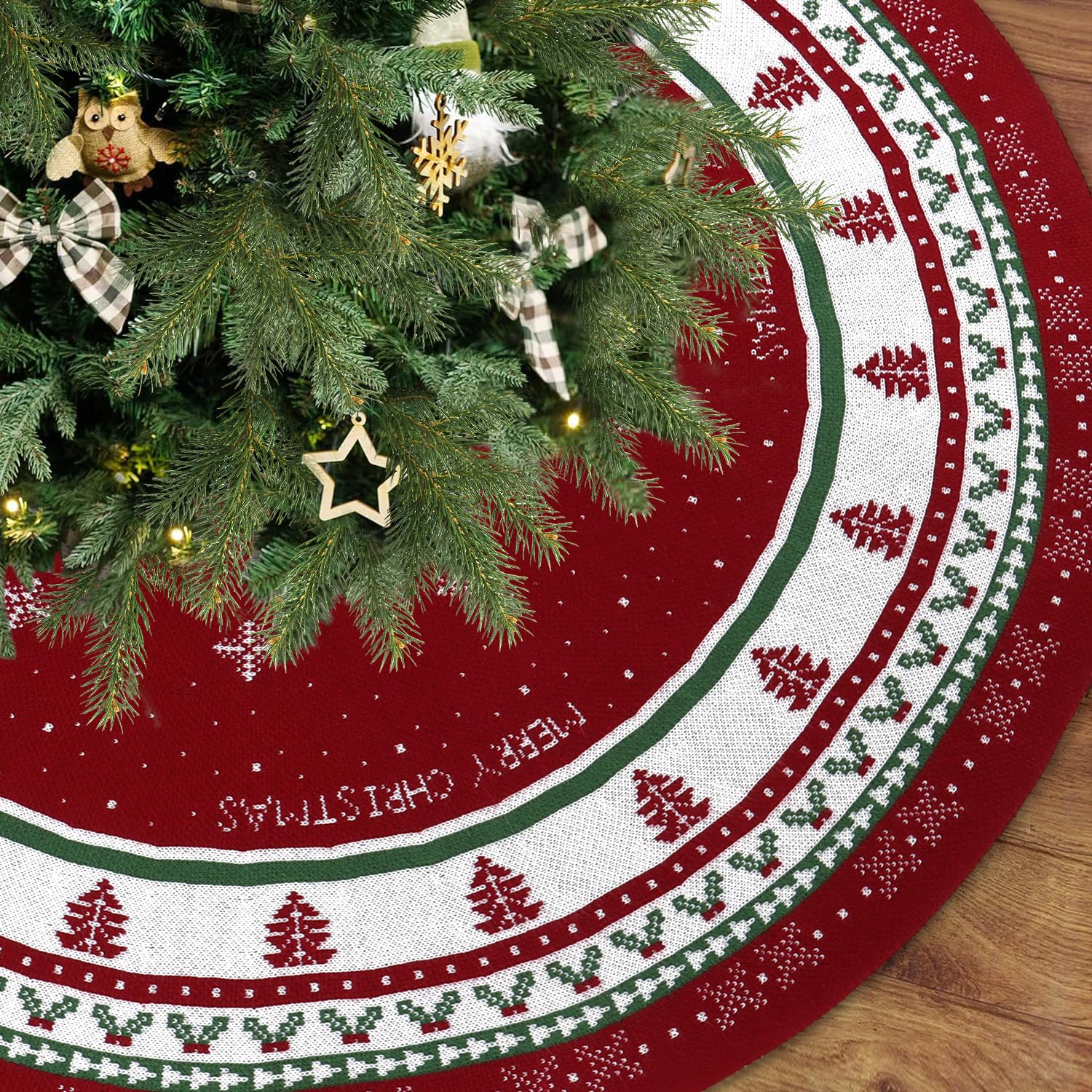 UXORSN Knitted Christmas Tree Skirt 36 Inch Red Thick Knit Xmas Tree Skirt Rustic Large Christmas Tree Skirt with Snowflake Xmas Tree Mat Base Cover Christmas Tree Decorations for Home Holiday Decor