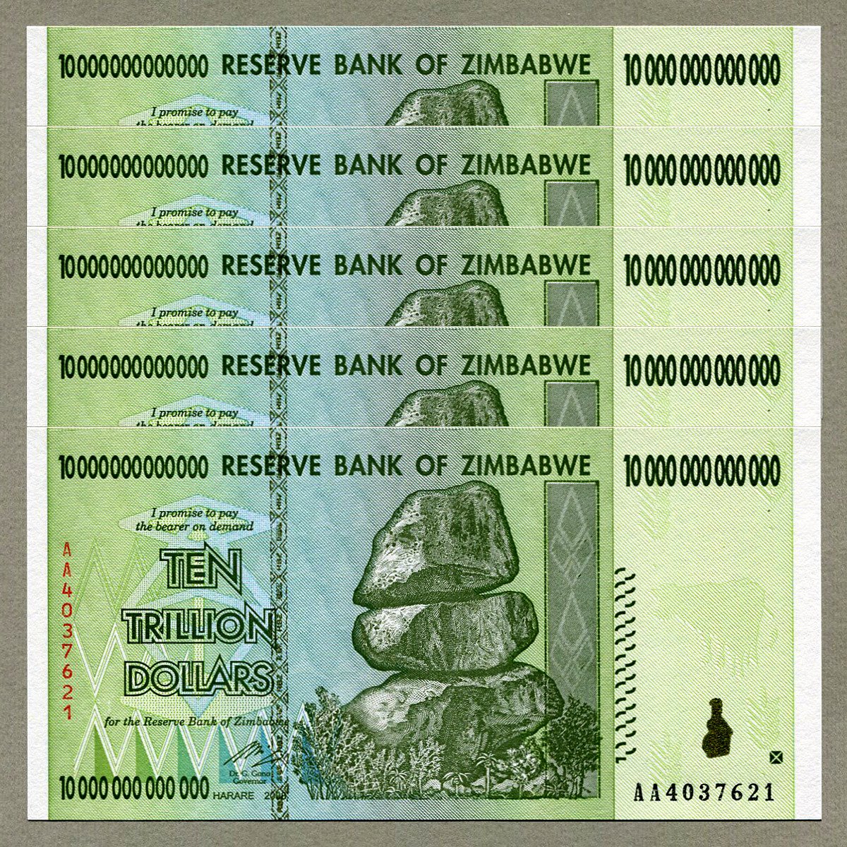 Zimbabwe Dollar Banknotes - 5 x Ten Trillion Banknotes - Set of 5 x 10 Trillion Zimbabwe Banknotes