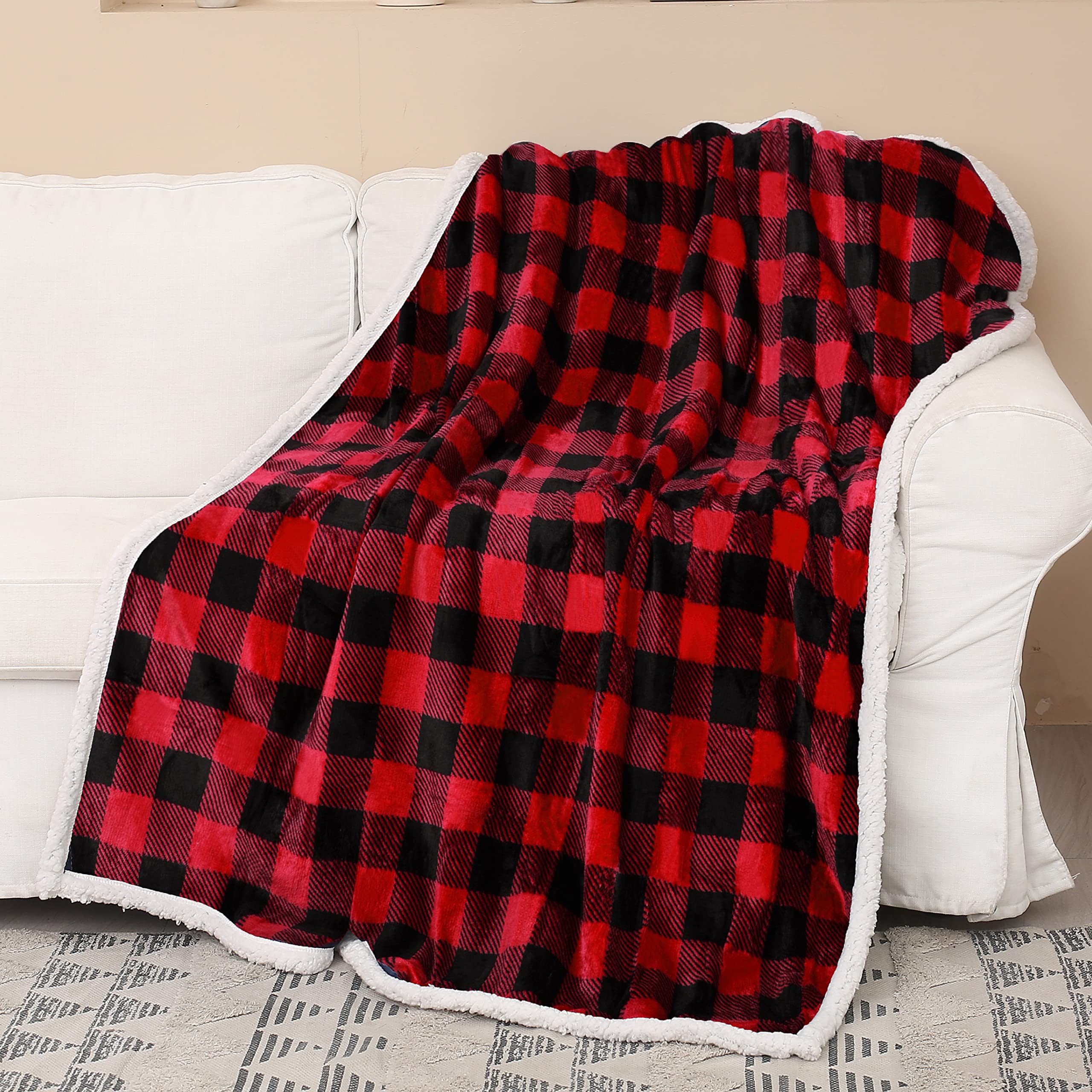 Catalonia Classy Tartan Sherpa Throw Blanket, Warm Thick Soft Winter Fluffy Plush Couch Throw, Reversible Cozy Fleece Blanket Sofa Single Bed, 150 x 130 cm Plaid Red