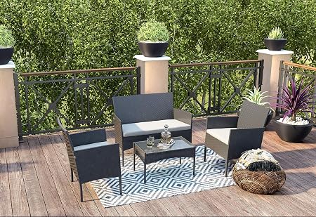 Amazon Com Cloud Mountain 4 Piece Patio Furniture Sets Rattan Wicker Outdoor Conversation Set Pool Backyard Lawn Use Black Wicker With Beige Cushions Garden Outdoor