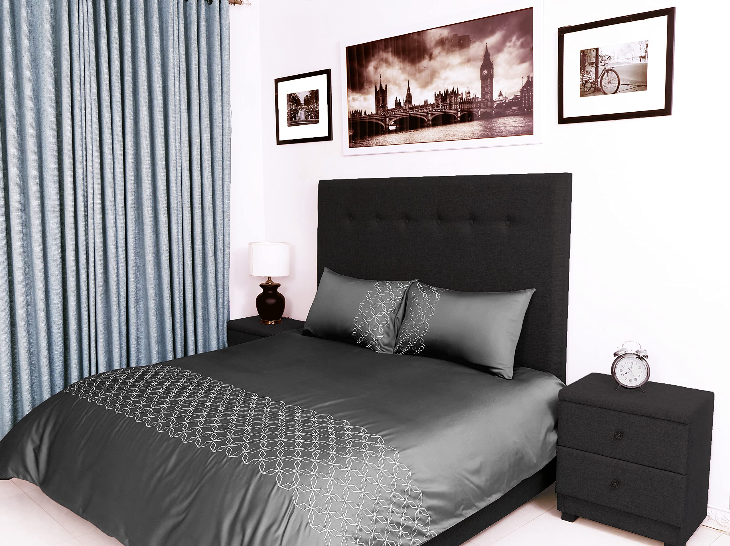 Bed Thread - Egyptian Cotton Double Duvet Covers Set Grey, 400 Thread Count Long Staple Egyptian Cotton Duvet Set Double, Quilt Covers Bedding Sets, Perla Viscose Embroidered 100% Cotton Duvet Covers