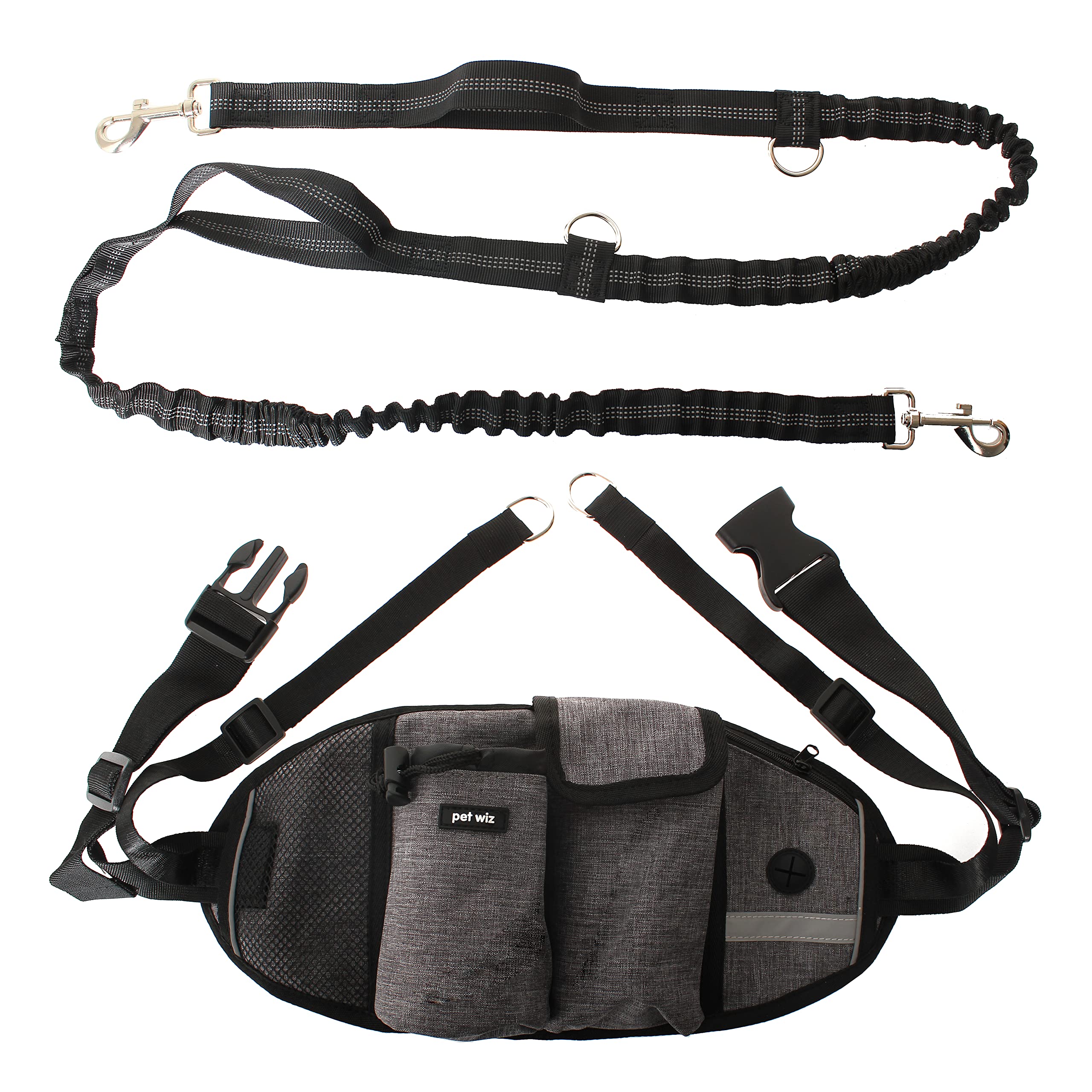 Hands Free Dog Running Lead with Wide Back Support Belt, Adjustable Waistband, Multiple Compartments, Dual Handles and Bungee Leads with Reflective Stitching (Grey)