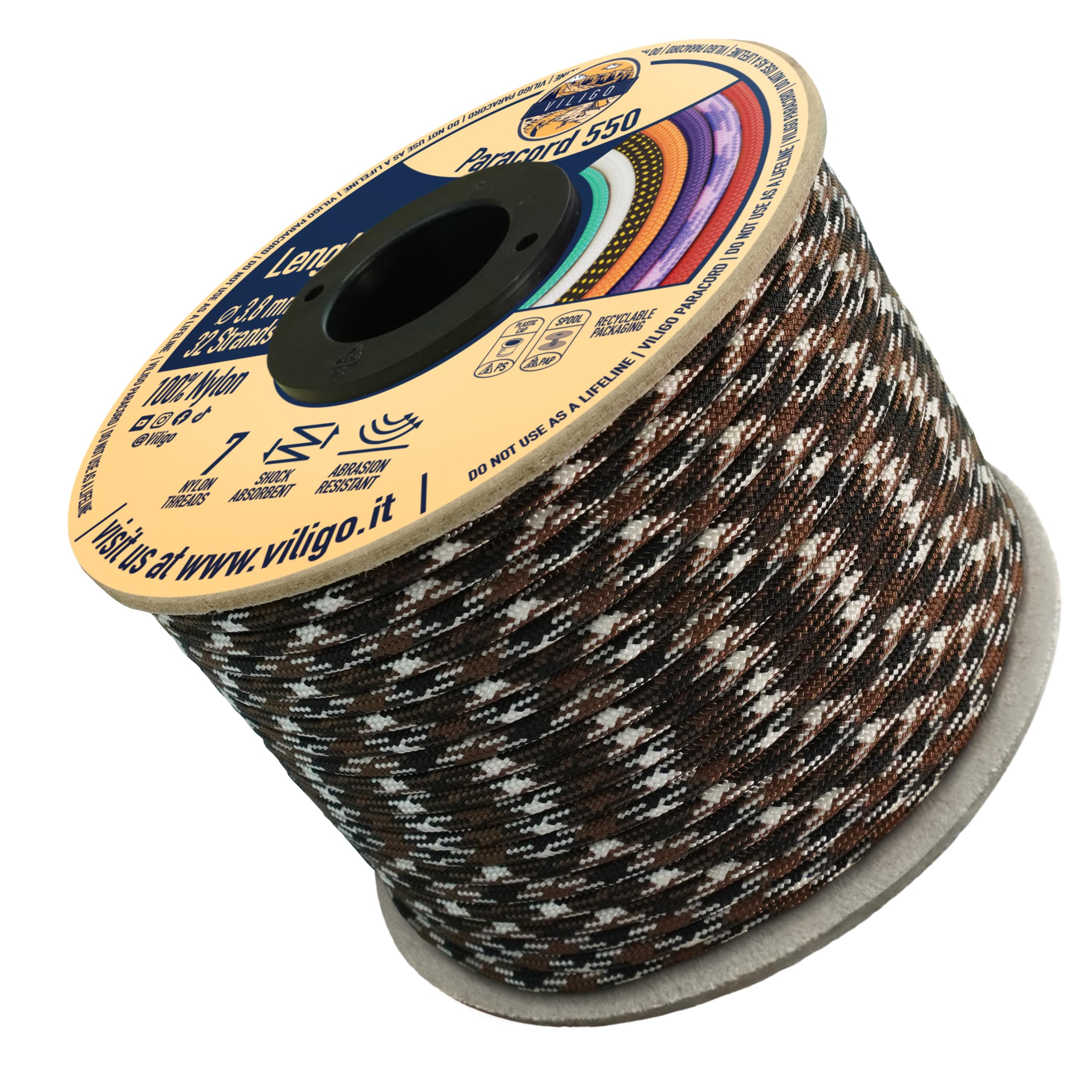 VILIGO Paracord 550 - Type III (3.8 mm) - Nylon Braid, 7 Inner Strands, Ideal for Camping, DIY Projects, Bracelet Making and Accessories (50 m, Eskimo)