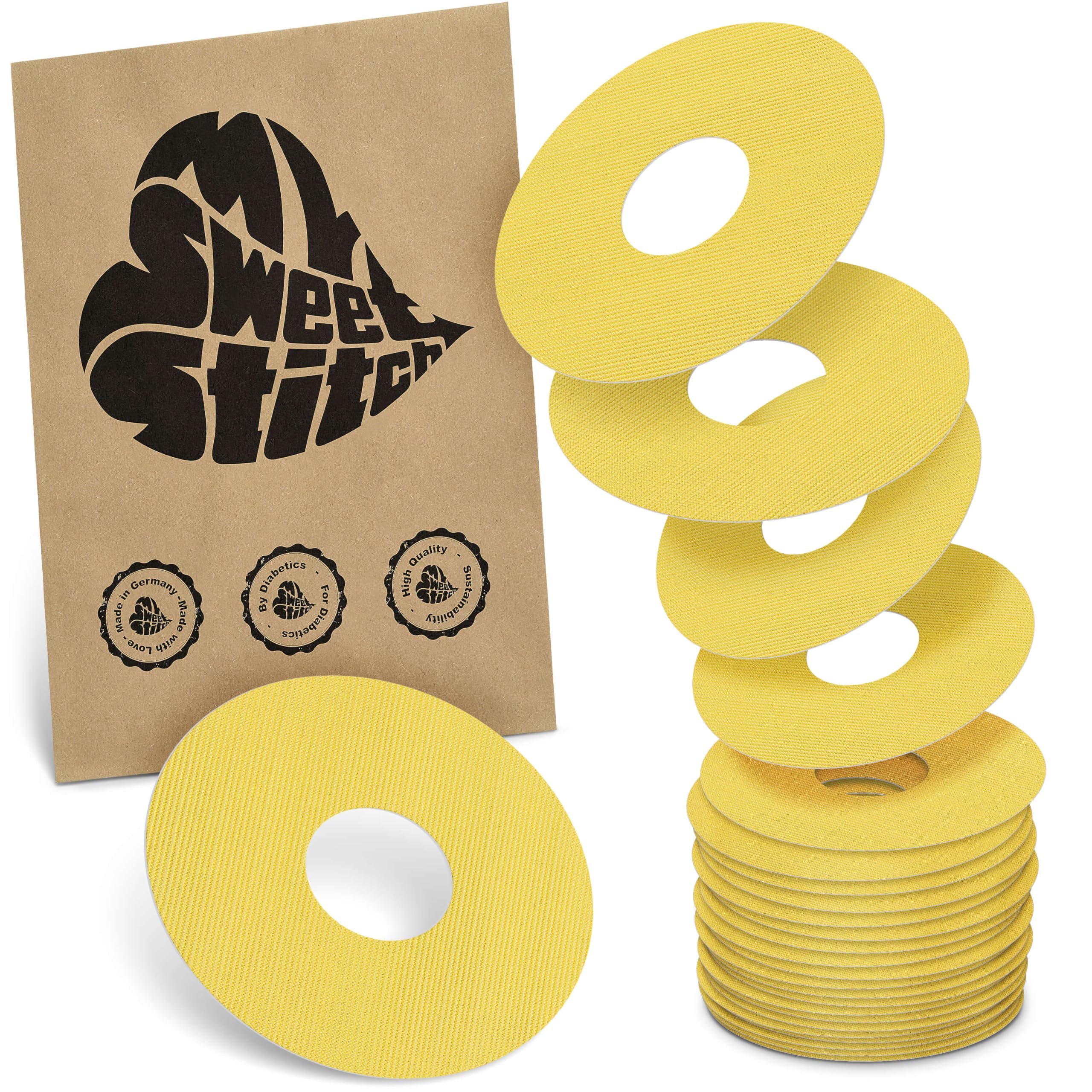 MySweetStitch - 25 x Freestyle Libre 3 Round Patches, Ring Patch Ø 60mm, Inner Ø 20mm, Waterproof, Breathable, Skin-Friendly, Made in Germany, Yellow