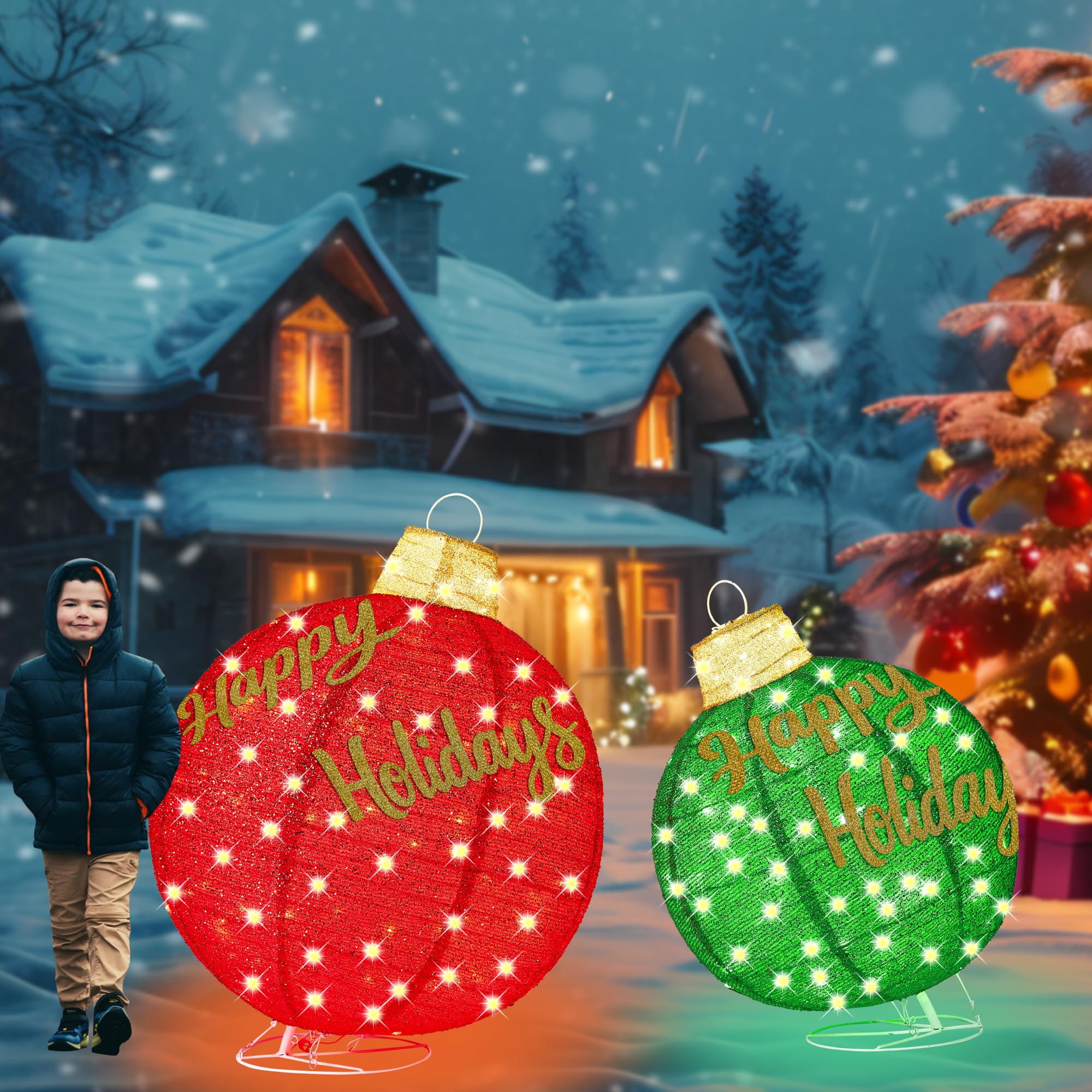 Photo 1 of 2Pcs 3FT Lighted Christmas Ornament Set - Expandable Outdoor, Indoor Holiday Decor with 200 LED Lights, Easy Assembly & Weatherproof, Red & Green Light-Up Ball for Yard, Garden, Storefront.