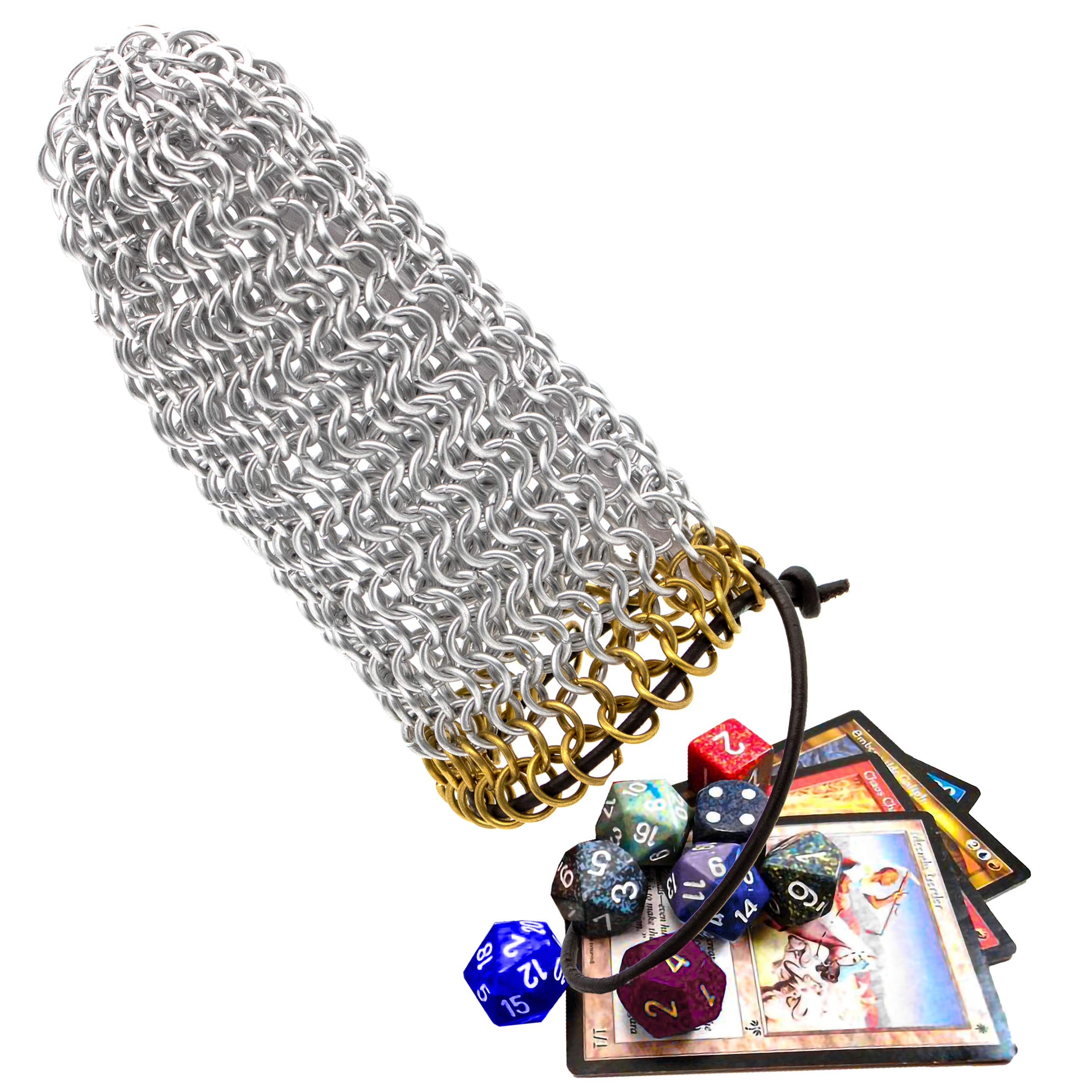 Mythrojan Chainmail Game Dice Bag | Medieval Drawstring Aluminium Ring Pouch for DND, Role Playing, Games, Storing Dices, Accessories | Chainmaille DND Dice Pouch with Brass Polished Edges Ring