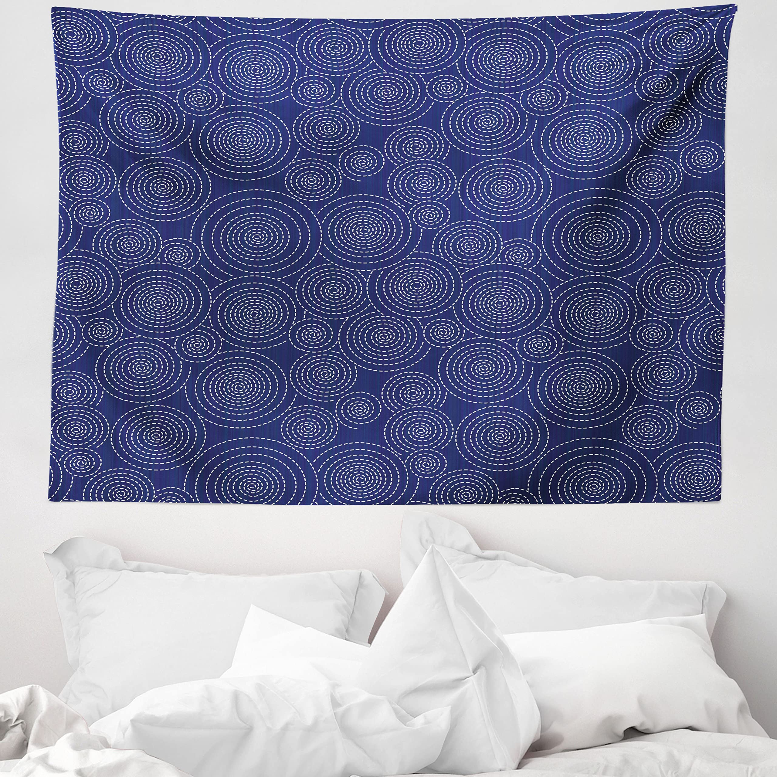 ABAKUHAUS Geometric Tapestry, Repeating Spirals Formed by Dashed Lines Japanese Sashiko Quilting Pattern, Fabric Wall Hanging Decor for Bedroom Living Room Dorm, 150 x 110 cm, Indigo And White