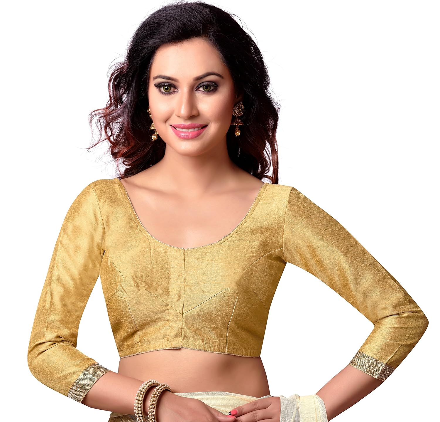 studio shringaar latest poly raw silk stitched saree blouse with 3/4 th sleeves