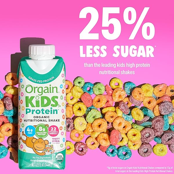 ORGAIN ORGANIC KIDS NUTRITIONAL PROTEIN SHAKE, FRUITY CEREAL – KIDS SNACKS WITH 8G DAIRY PROTEIN, 22 VITAMINS & MINERALS, FRUITS & VEGETABLES, GLUTEN FREE, SOY FREE, NON-GMO, 8.25 FL OZ (PACK OF 12)