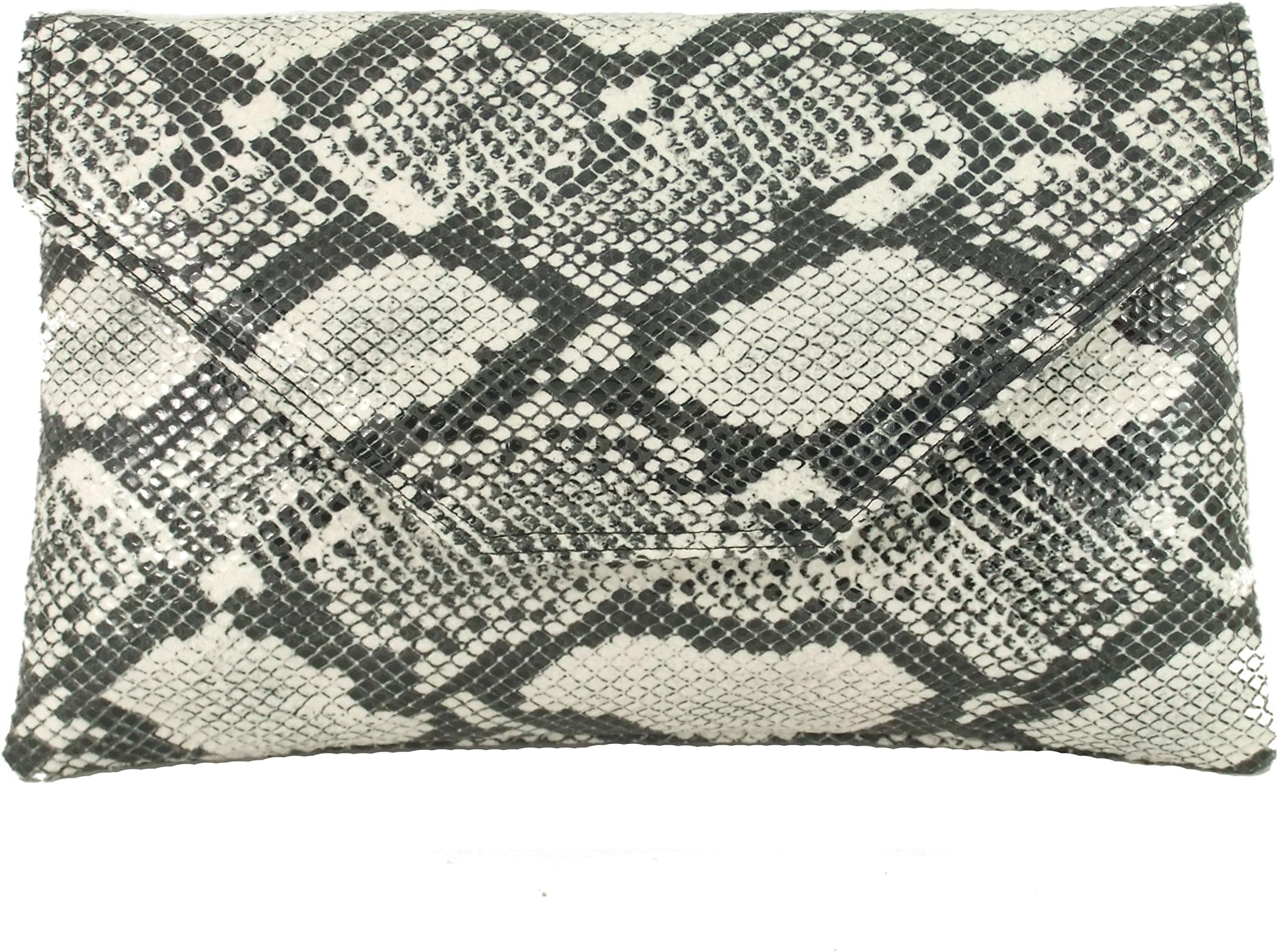 LONIStylish Large Envelope Faux Snakeskin Clutch Bag/Shoulder Bag in Black/Off-White