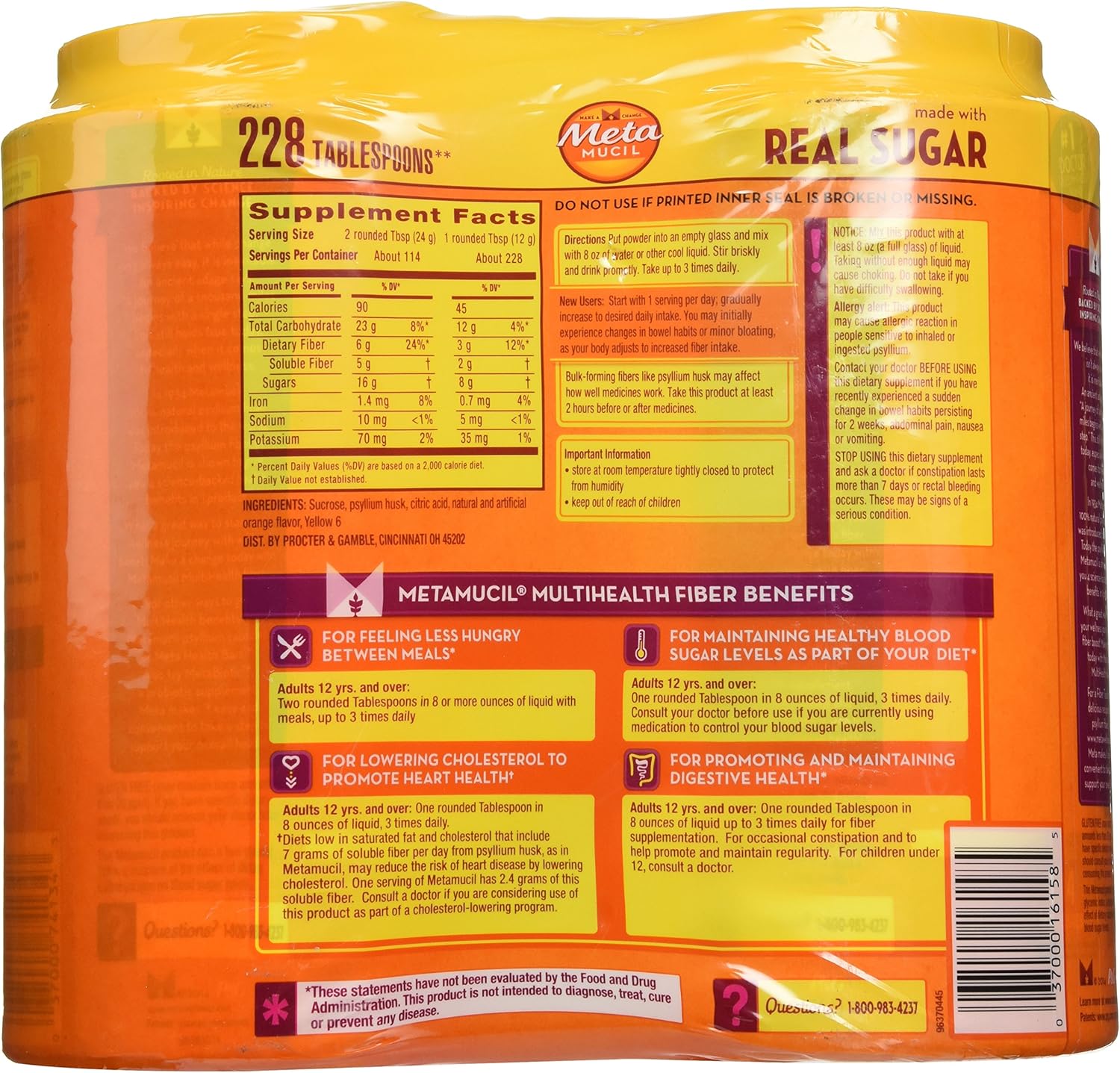 Metamucil With 100% Natural Psylluim Fiber, Orange, 48.2-Ounce Bottle (Pack of 2): Health & Personal Care