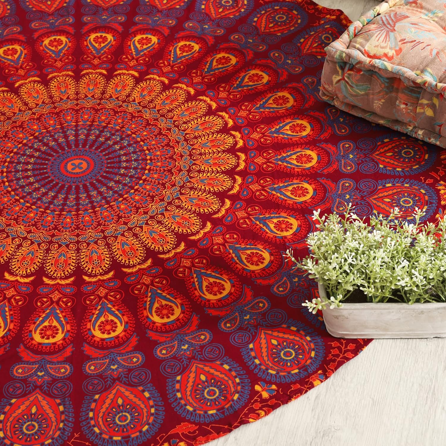 Tapestries - Popular Handicrafts Round Tapestry Wall Hanging Ombre Hippie Mandala Bohemian Hippy Intricate Indian Tapestries Tablecloth 50 Inches (127cm) Maroon Yellow