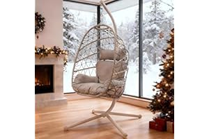 RoyalCraft Hanging Egg Chair Outdoor Swing Chair with Stand, Hammock Chair Indoor, Patio Boho Wicker Hanging Chair with Stand 350lbs Capacity for Garden, Balcony, Bedroom, Beige & Gray