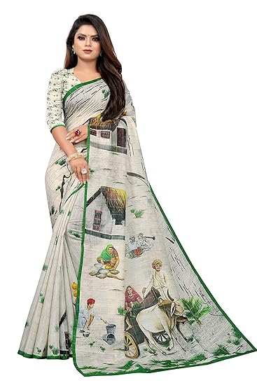 Women's LINEN Saree With Blouse Piece (White & Green)