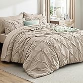 Bedsure Oversized King Comforter Set Beige - Bed in a Bag Bedding Set 7 Pieces, GentleSoft™ Pintuck Bed Set Gift for Family, Pinch Pleat Beige Comforter with Sheets, Pillowcases & Shams