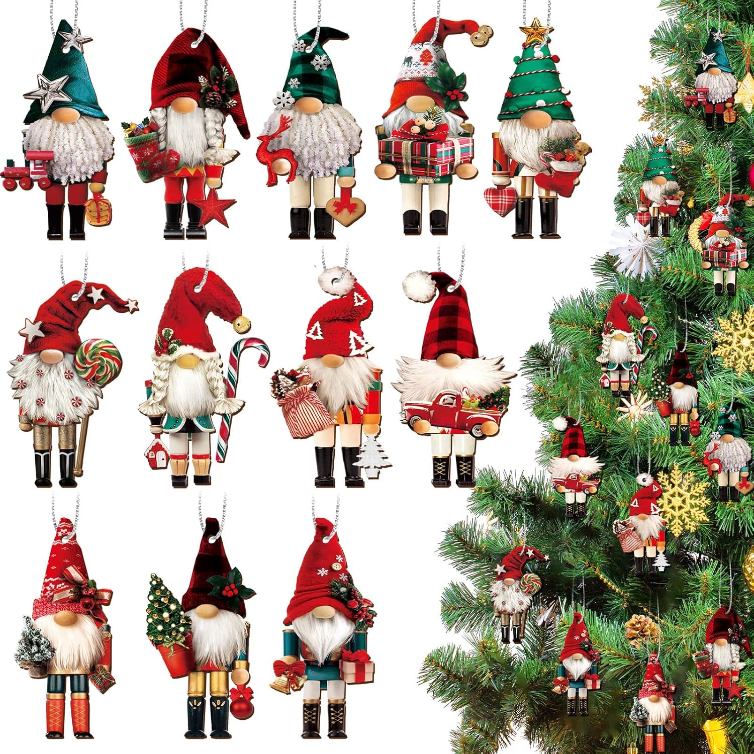 Nutcrackers - Christmas Nutcrackers Decorations Ornament Set Wooden Nutcracker Soldier Holiday Hanging Decorations Traditional Wooden Nutcracker Ornament Christmas Decor for Xmas Tree (Gnome Style)