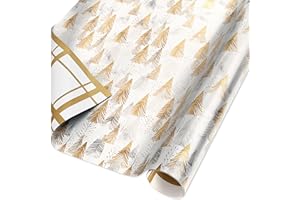 American Greetings Foil Christmas Wrapping Paper Roll, Metallic Vintage Gold and White Holiday Gift Wrap (30 sq. ft., 1 Reversible Roll-30 in. x 12 ft.) Plaid and Trees