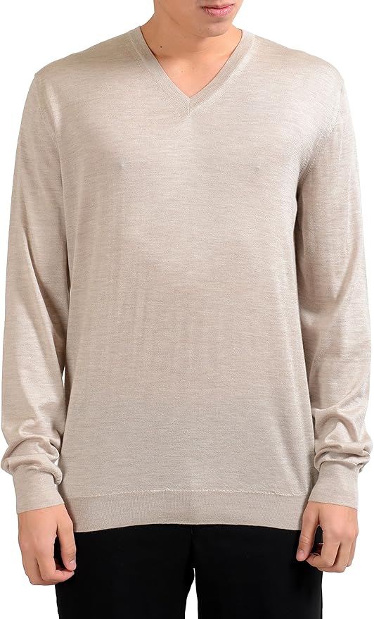 MALO Men's Beige Silk V-Neck Cashmere Light Pullover Sweater US 2XL IT 56 at Amazon Menâs 