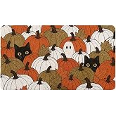 TAEDIN Fall Halloween Door Mat, Pumpkin Cat Faux Coir Doormat 17x30 in | Pumpkin, Black Cat and Ghost Print, Faux Coir Texture and Non-slip Backing for Front Door, Porch, Patio, Entryway Home Decor