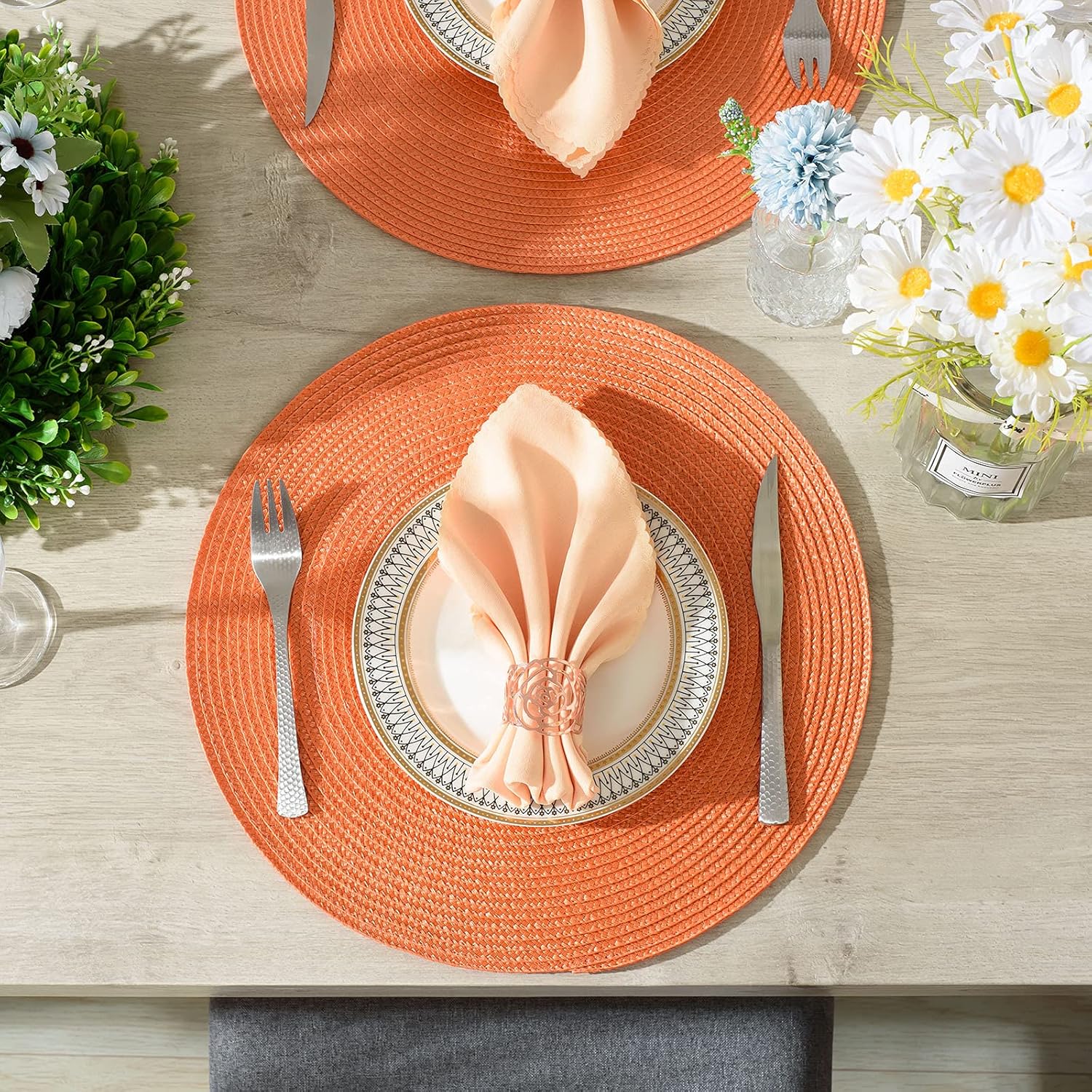 AHHFSMEI Round Braided Placemats 15 Inch Round Table Mats for Dining Tables Woven Heat Resistant Place mats Set of 6 (Orange): Home & Kitchen