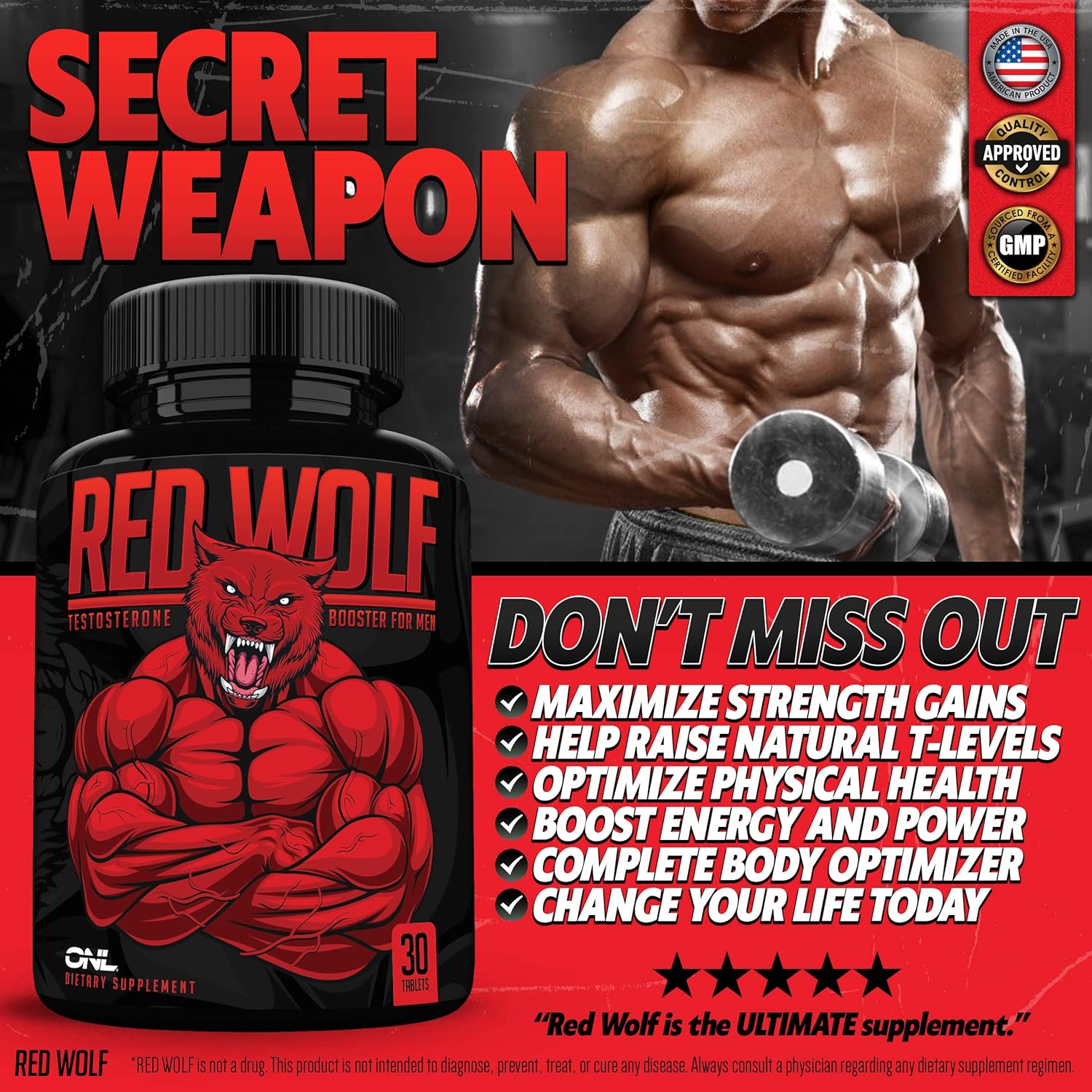 Red Wolf Testosterone Booster for Men - Enlargement Supplement - Ultimate Mens High Potency Endurance, Drive, and Strength Booster - Osyris Nutrition Lab - 1 Month Supply - Made in USA: Health & Personal Care