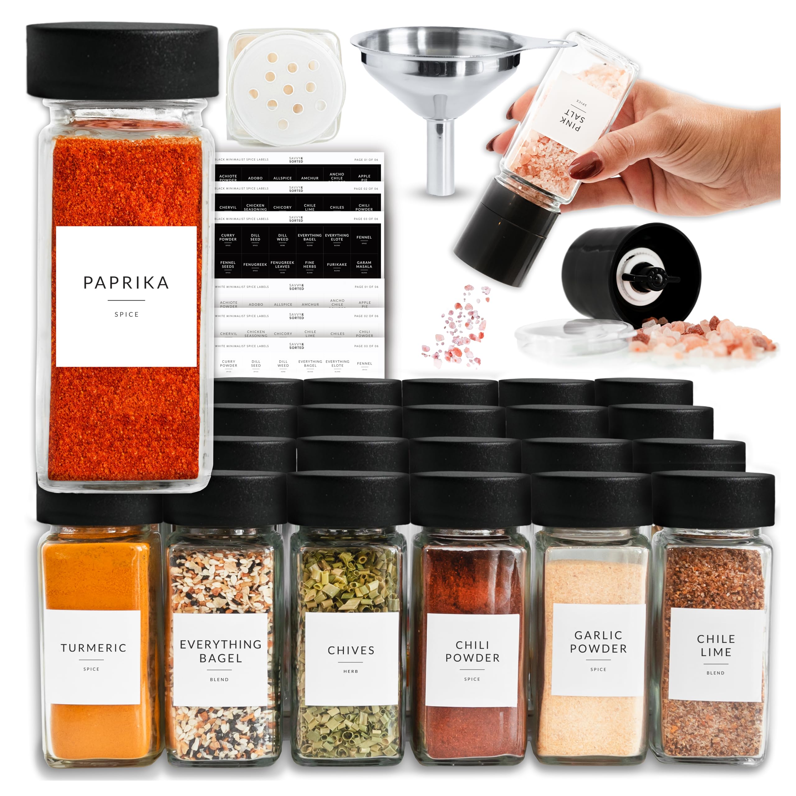 SAVVY & SORTED Glass Spice Jars with Label 24 PK - 4 Oz Spice Containers with 374 Minimalist Labels Stickers, Pepper Grinder Funnel Shaker Lids, Empty Square Seasoning Rack Organizer Image