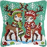 veirousa Christmas Latch Hook Kits for Adults Beginners, Reindeer Latch Hook Pillow Kit, Pre-Printed Rug Making Kit, DIY Embroidery Cushion for Home Sofa Decoration Gift Idea 17x17 in.