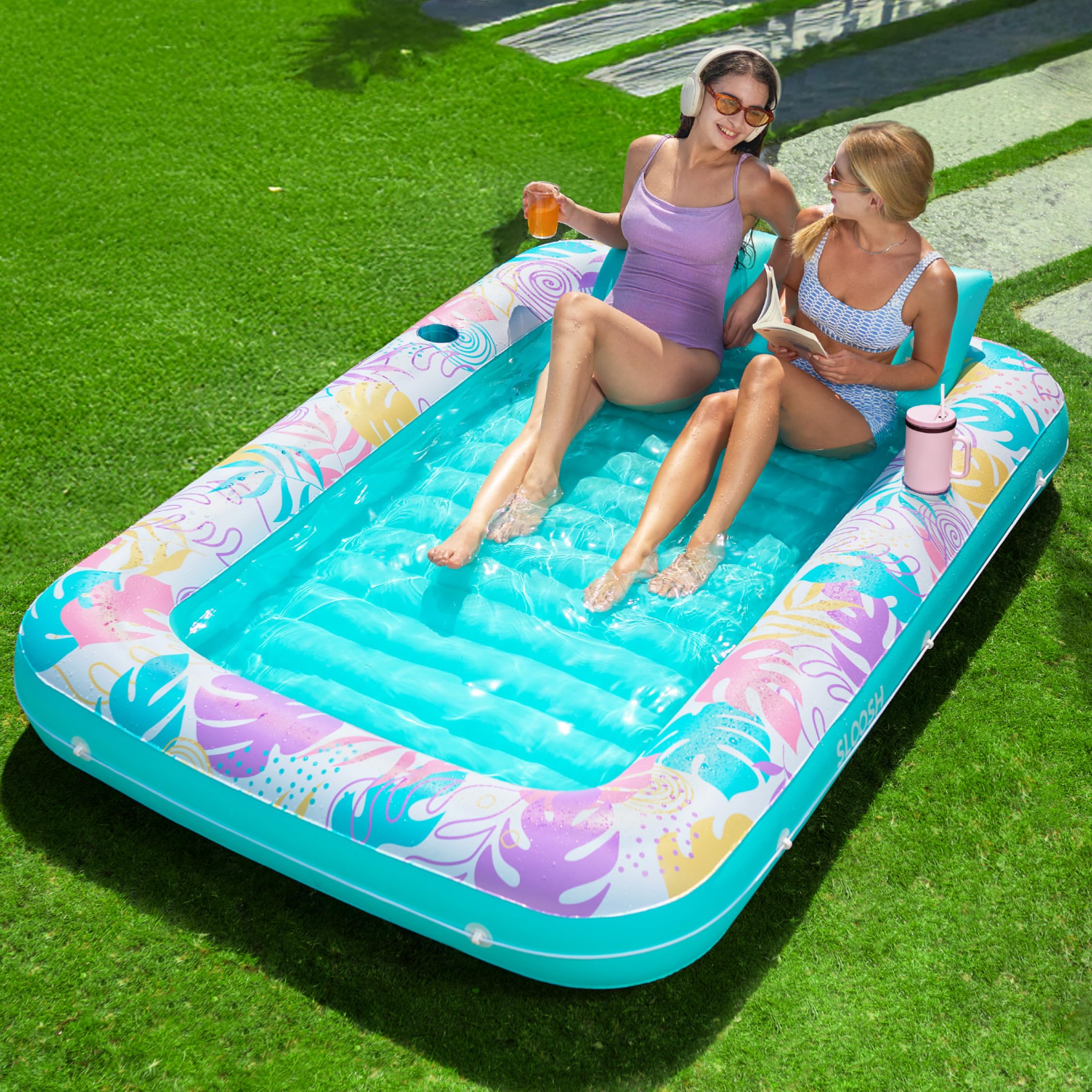 SLOOSH Inflatable Tanning Pool Lounger Float, 85" x 57" Extra Large Pool Floats Adult with Pillow, 4 in 1 Suntan Tub Raft Floatie,Sunbathing Bed Lounge for Water Party Gifts, XL-Tropical Blue