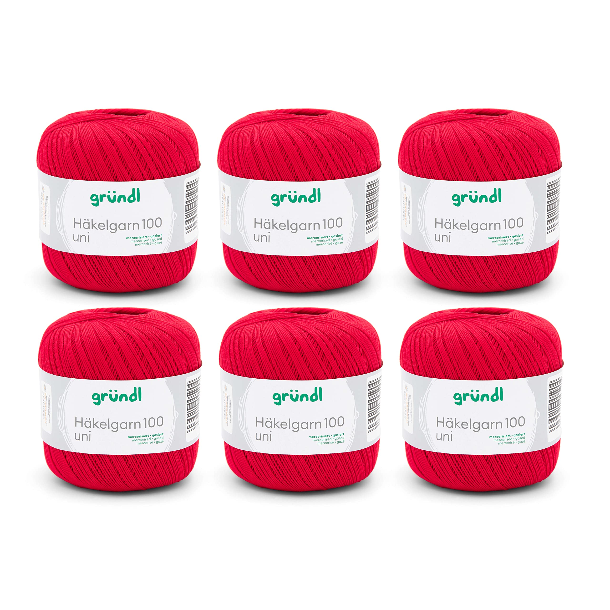 Gründl Wool Crochet Yarn 100 - Thin Summer Wool for Crocheting - Shiny and Washable - Cotton Yarn - 100% Cotton - 6 Balls 100 g / 566 m - Needle Size 1.5-2, Signal Red