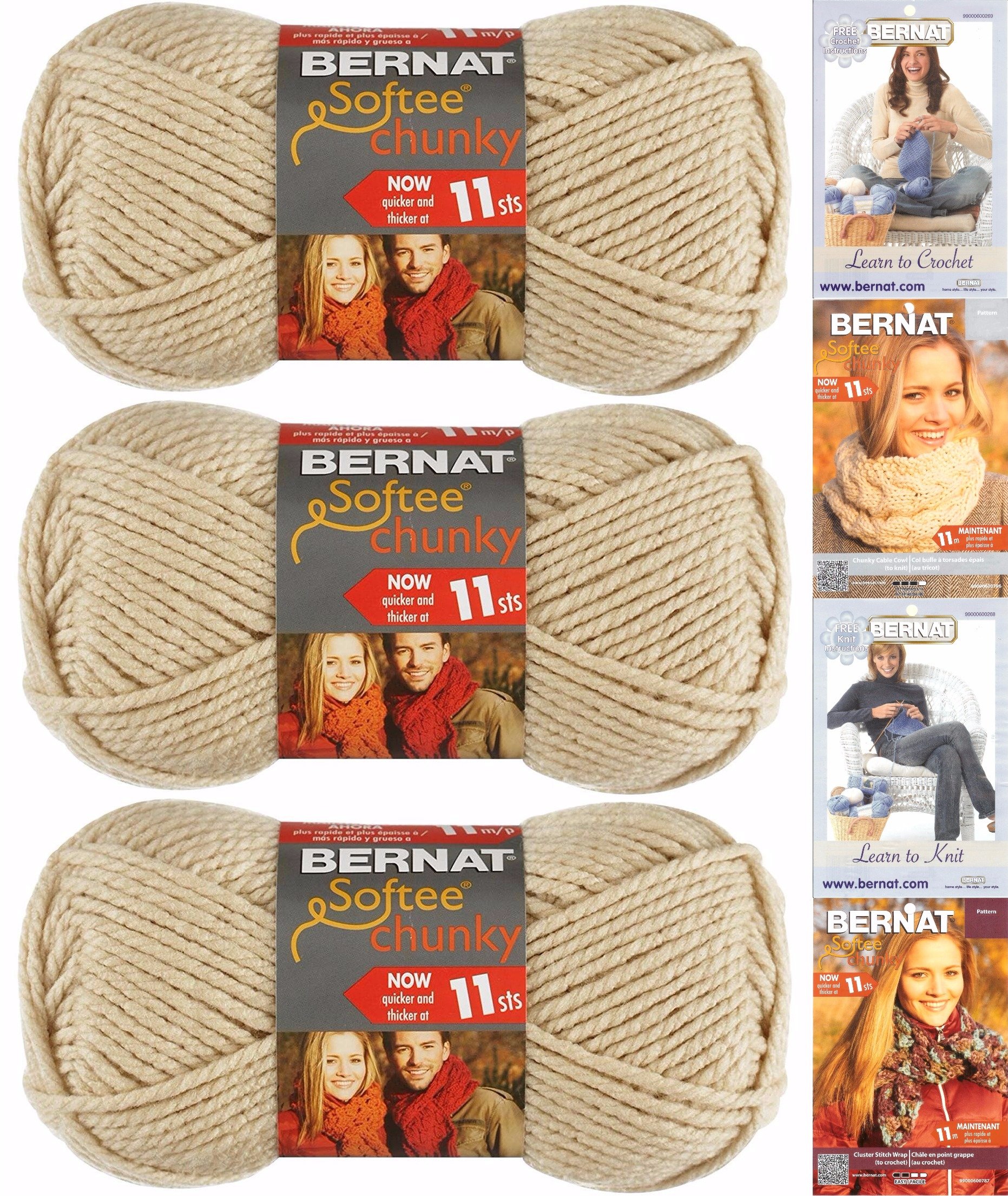 Bernat Softee Chunky Yarn Bundle Super Bulky #6, 3 Skeins Linen 28021