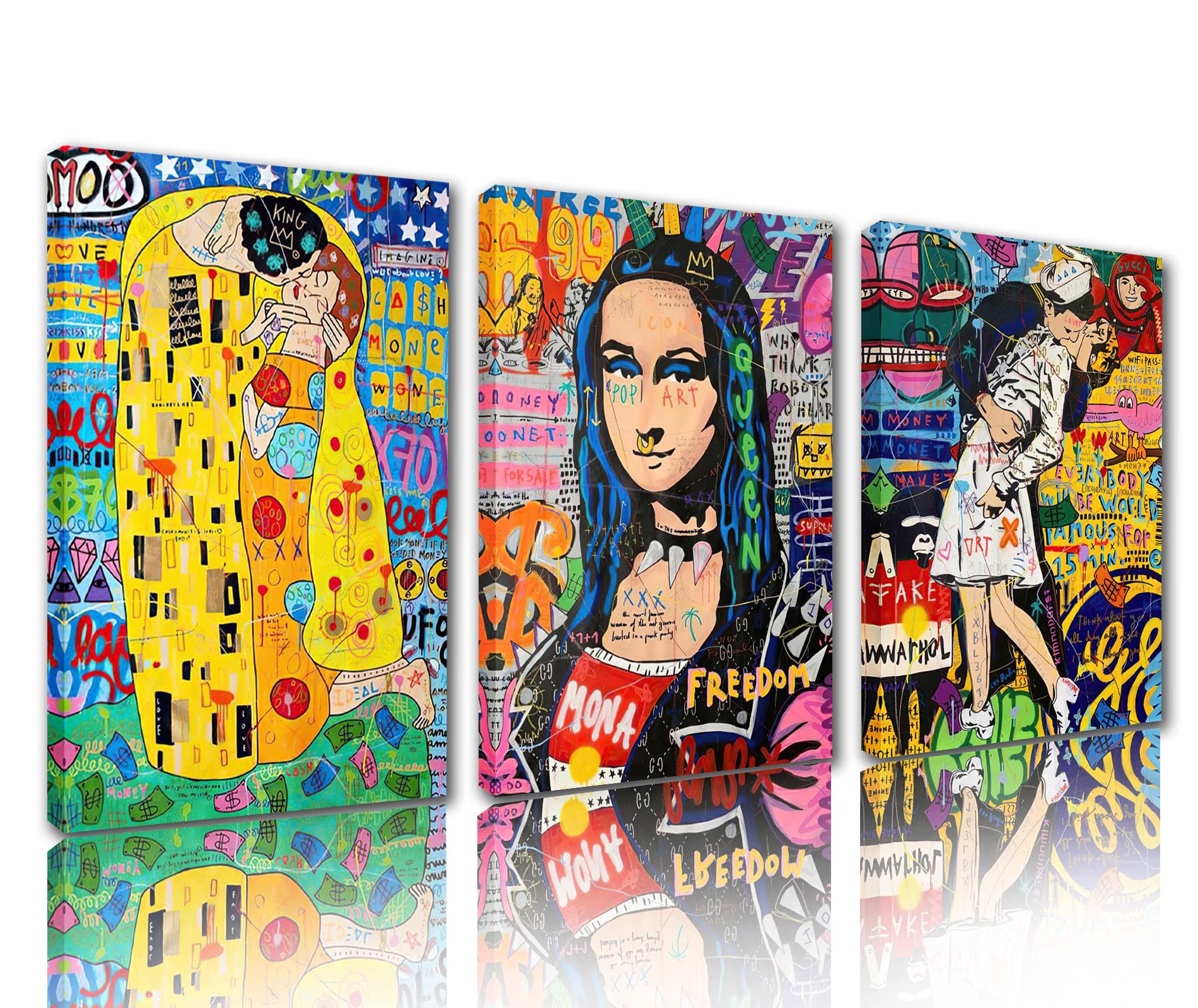 Tucocoo Contemporary Wall Art Banksy Graffiti Classic Pictures Romantic Colorful Street Pop Paintings 3 Panel Canvas Modern Artwork Home Decor for Living Room Wooden Framed Ready to Hang 42''Wx20''H