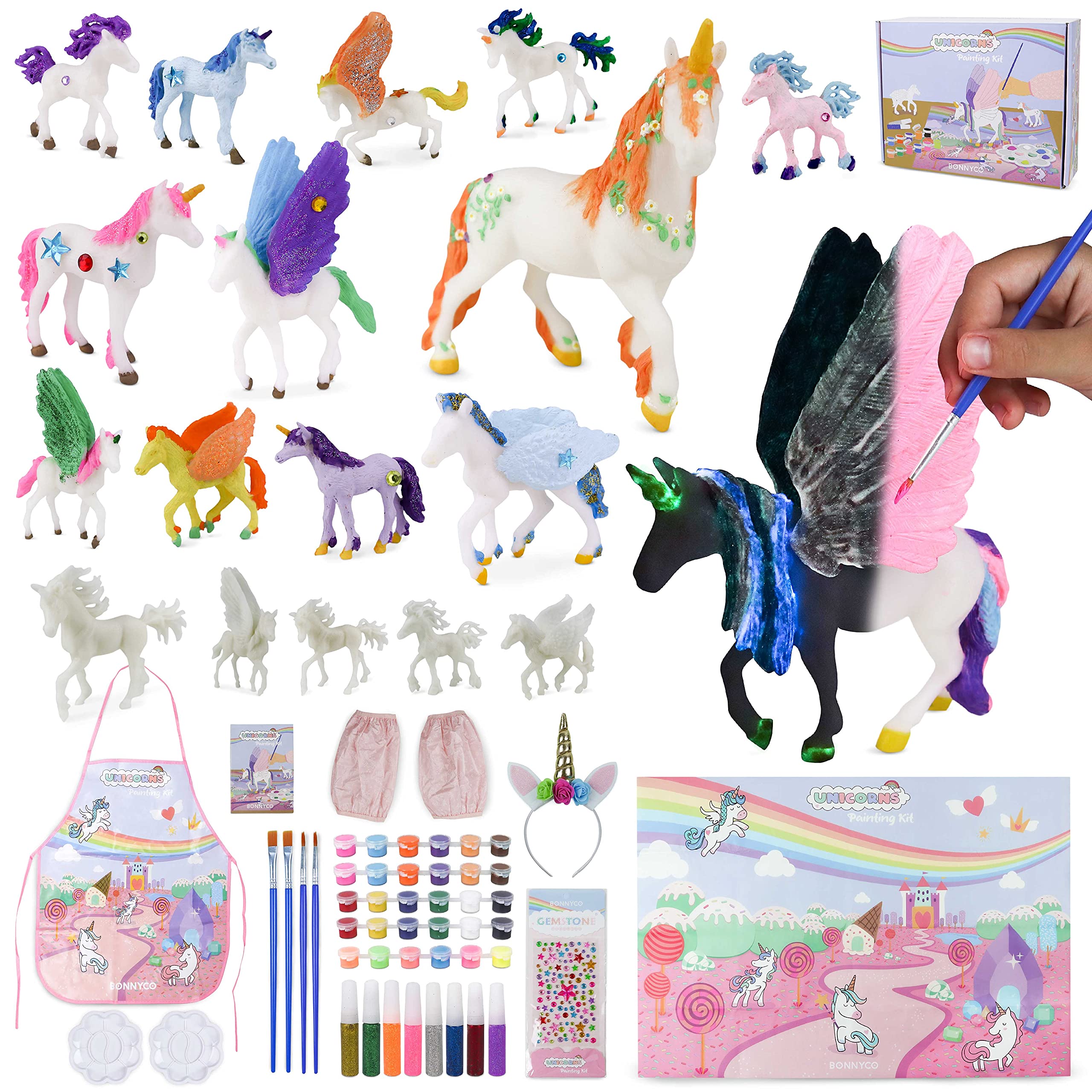 BONNYCO Unicorn Gifts for Girls Painting Kit 18 Set, Craft Kits for Kids with Glow in The Dark. Girls Toys 3 4 5 6 7 8 9 10 Years Old, Kids Crafts Gifts. Unicorn Toys, Birthday, Christmas