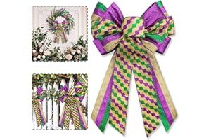 Habbiful Large Mardi Gras Bow for Wreath, Mardi Gras Wreath Bow New Orleans Bow for Front Door Glitter Purple Green Stripes Bow Fat Tuesday Tree Topper Bow for Mardi Gras Carnival Decoration